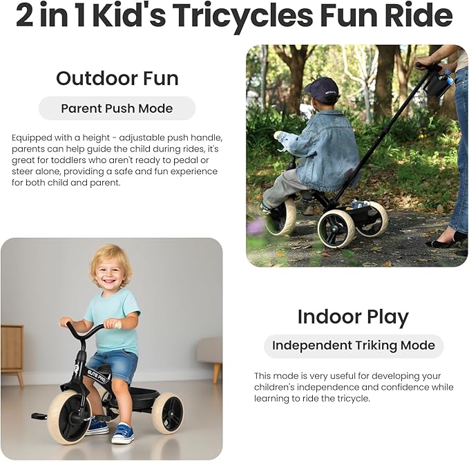 Toddler Tricycles for 2 to 6 Year olds-2 in 1 Kid's Trikes Bike with Push Handles Adjustable & Removable, Push Bike with Toy Storage Basket for Boys & Girls Tricycle Gift (Black)