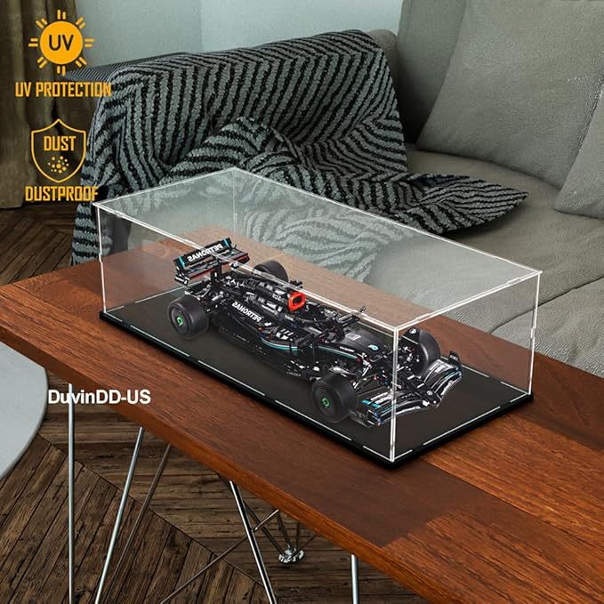 DuvinDD Acrylic Display Case for Lego Car Mercedes F1 42171, McLaren F1 42141, Clear Large Display Box 1/8 Scale Model Car Dustproof for Collectibles with Black Base(27.5x11.8x7.8 inch)