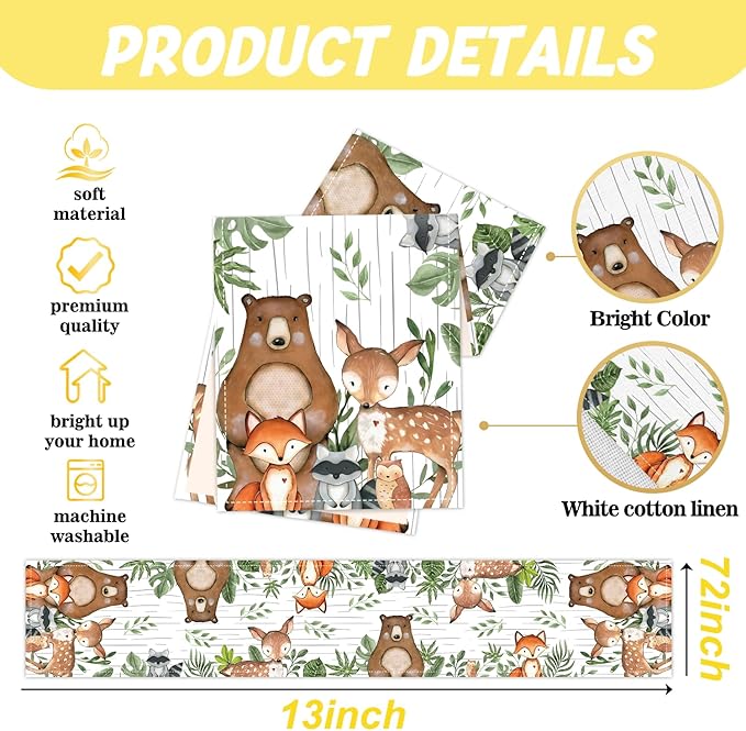 Woodland Baby Shower Decprations, Wild Animal Birthday Decorations, Woodland Birthday Table Runner, Forest Wild Creatures Baby Shower Table Covers for Boy Girl Neutral Gender Reveal Decor