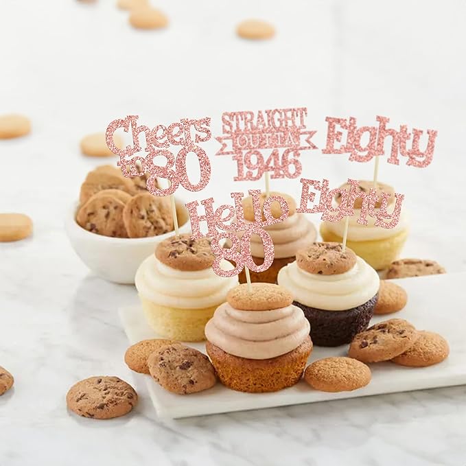 Ephlyn 24Pcs Happy 80th Birthday Cupcake Toppers Glitter Straight Outta 1946 Cupcake Picks Hello 80 Cheers to 80 Years Birthday Cake Decorations for 80th Birthday Anniversary Party Supplies Rose Gold