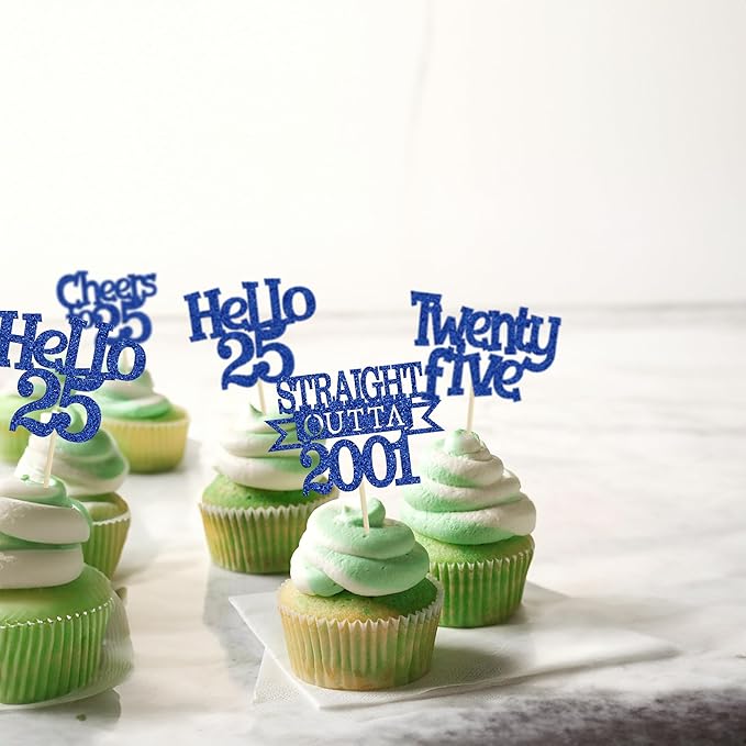 Ephlyn 24Pcs 25th Birthday Cupcake Toppers Glitter Straight Outta 2001 Cupcake Picks Hello 25 Cheers to 25 Years Cake Decorations for 25th Birthday Anniversary Party Decorations Supplies Blue