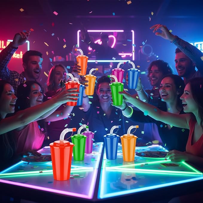 Zubebe 18 Pcs Neon Straws Cups 12 oz Colorful Neon Cups with Sipper and Lids Plastic Favor Reusable Straw for Birthday Party Events Supplies, 6 Colors