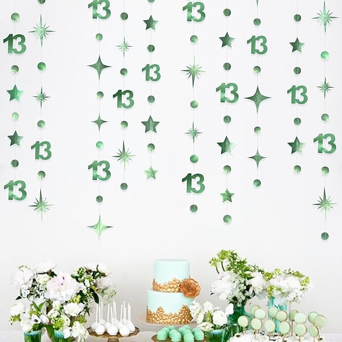 Sage Green 13th Birthday Decorations Number 13 Circle Dot Twinkle Star Garland Metallic Hanging Streamer Banner Backdrop Girls Boys 13 Years Old Birthday Thirteen Official Teenager Party Supplies
