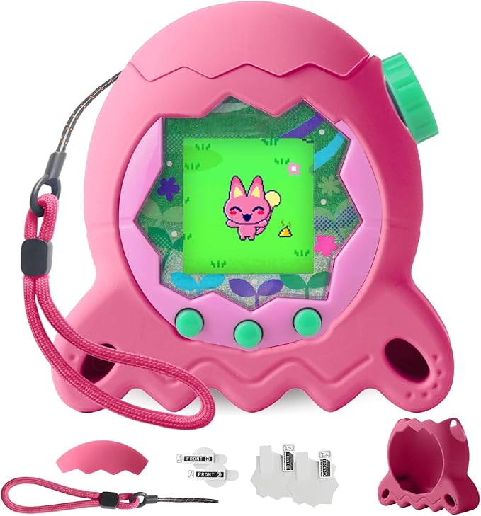 Silicone Case for Tamagotchi Paradise Electronic Pet, Protective Cover with Screen Protector and Lanyard for Tamagotchi Paradise Accessories (Pink)