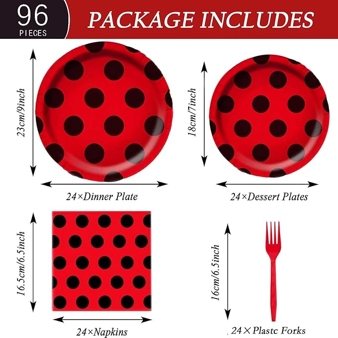 96Pcs Ladybug Plates and Napkins Party Supplies, LadybugThemed Tableware Set, Cute Disposable Dinnerware for Birthday Dessert Tea Party Decoration, 24 Guests