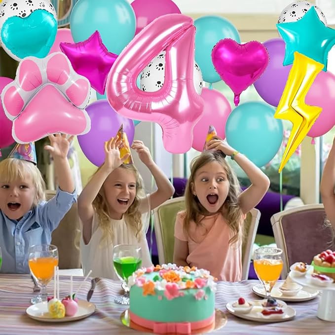 Super Cat Birthday Party Supplies, Super Cat Balloons, Pink Number 4 Balloon 40 Inch, Paw, Lightning And Heart Balloons, 4th Birthday Decorations For Girls