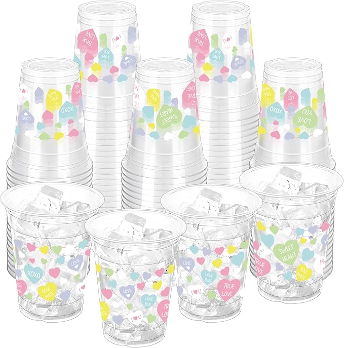100 Pcs Color Heart Theme Plastic Cups,12oz Valentine's Party Drinking Cup Romantic Heart Valentines Disposable Clear Cups for Anniversary Wedding Valentine's Party