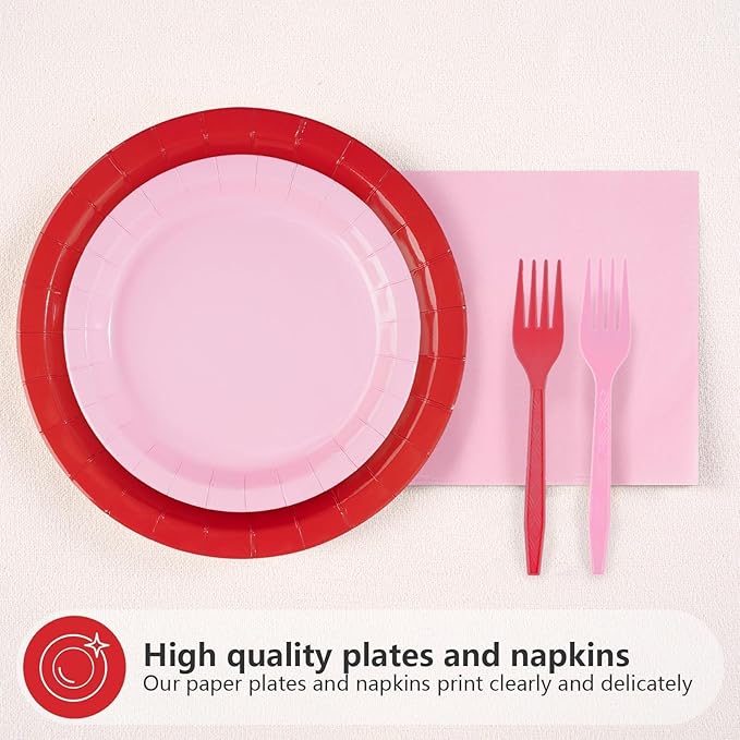 96Pcs Pink Red Birthday Party Decorations Red and Pink Plates and Napkins Disposable Solid Color Paper Tableware Set for Girls Women Birthday Mother's Day Bridal Shower Party Supplies Serves 24