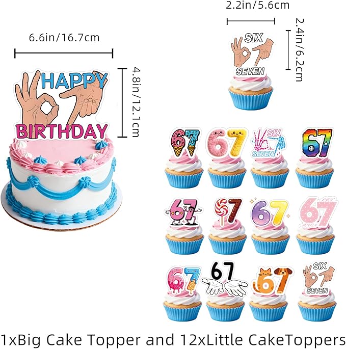 6 7 Birthday Decorations, 6 7 Meme Six Seven Themed party supplies Include Happy Birthday Banner, Balloons, Cake Toppers and Cupcake Toppers for Boy Girl Party Decor