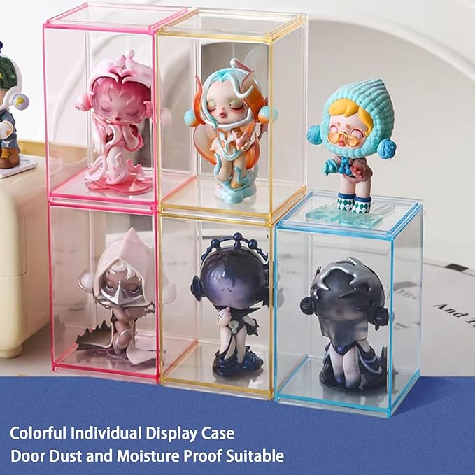 3 PCS Acrylic Display Boxes Colorful Figures Display Case for Funko Pop Figures, Stackable Blind Box Fully Assembled Dustproof Storage Organizer Box for Lego Collectibles Action Figures Pop Mart