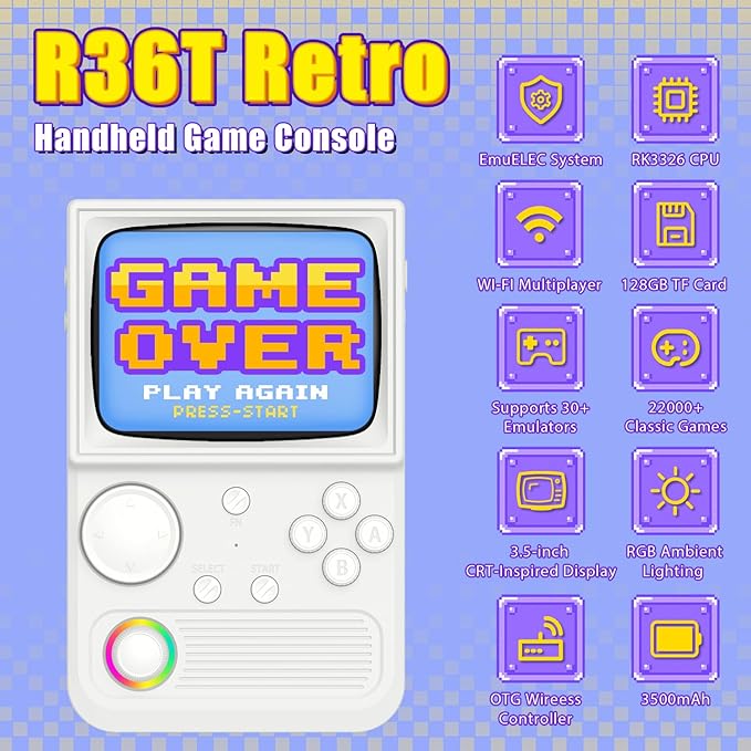 R36T Retro Gaming Console, 3.5'' IPS Screen CRT-Inspired, Handheld Game Console with 22000+ Classic Games Supports WiFi Networked Fighting and OTG, 3500mAh Battery, with Portable Case(White 128GB)