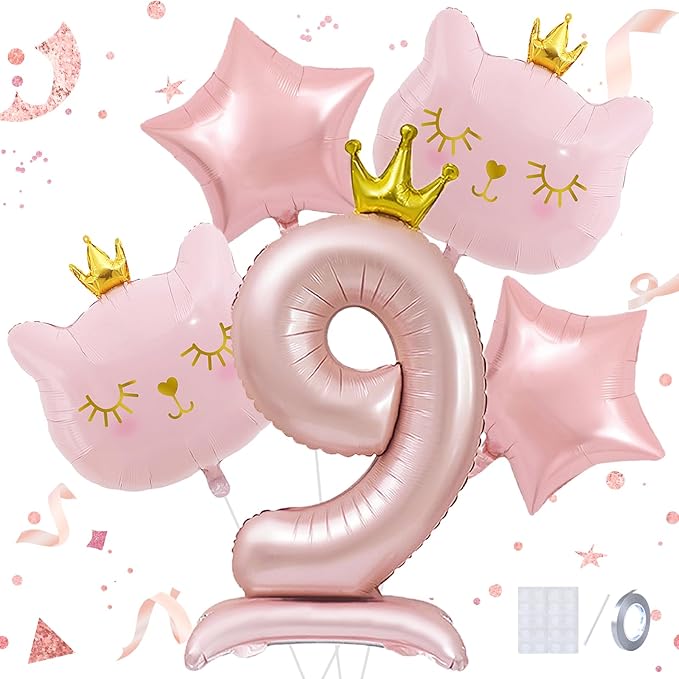 Pink Cat Balloon Set, Crown Cat Foil Balloon, 9 Year Old Girl Birthday Party Decoration, Cat Theme Party Decoration, Theme Party Supplies for Girls Kitten Pet Cat (9)