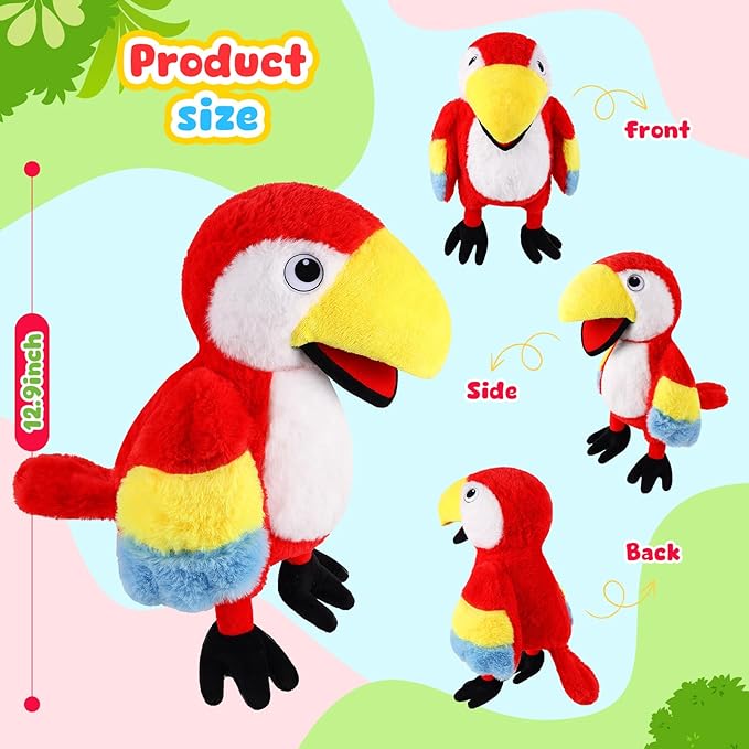 Animal Hand Puppets 11 Inch Bird Plush Toucan Owl Eagle Parrot Flamingo Peacock Puppet Toys Role-Play Puppets for Kids Storytelling Imaginative Pretend Play Teaching Preschool(Parrot)