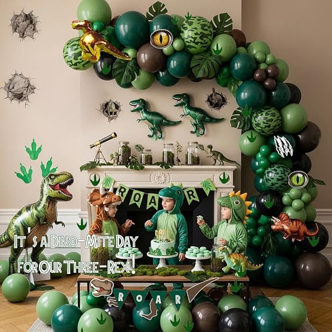 Dinosaur Birthday Party Decorations Includes Green and Brown balloon arch & Cute Small dino Foil balloons & Banner Footprint Sticker for kids jungle Safari dino ROAR Themed Supplies