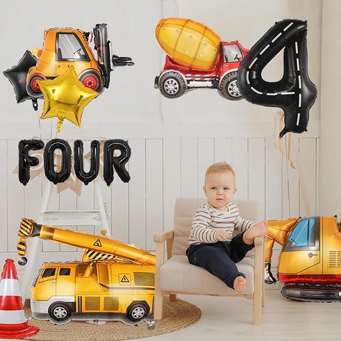 14pcs Construction Theme Birthday Party Decorations, Number 4 Large Construction Truck Traffic Cones Foil Balloon, 4th Boy Birthday Party Decoration Supplies (4th)