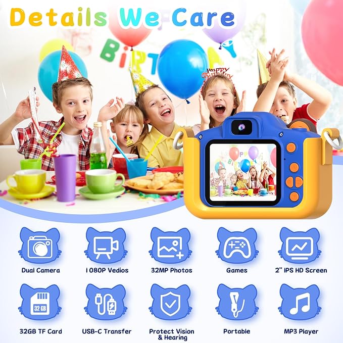 Kids Camera, Toddler Digital Camera, Tiger Dual Cameras, 1080P Video and Dual Cameras, 6 Kinds of Filters with 32GB SD Card, Christmas Birthday Present for 3 + Year Old Girls Boys
