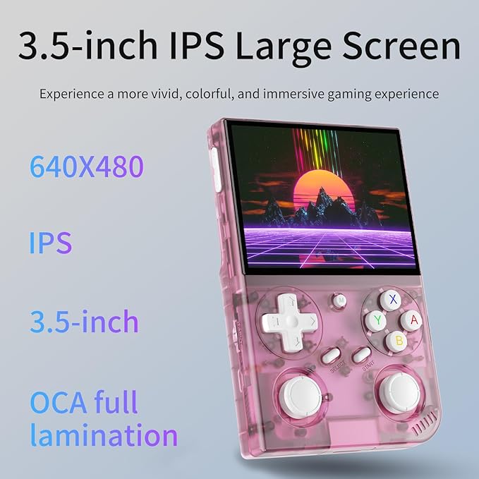G350 Handheld Game Console , 3.5 Inch IPS Screen Linux System 3200 mAh Battery 4371 Games Preloaded , Portable Retro Video Games Console Support Controller and Earphone (Transparent Pink)