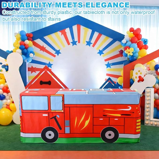 Oudain 6 FT Paw Theme Tablecloth Birthday Decorations 72 x 30 Inch Red Rescue Fire Truck Tablecloth Washable Fabric Polyester Rectangle Table Cover for Paw Party Decoration Dog Puppy Party Supplies