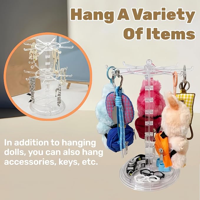 Transparent 360° Rotating Display Stand for Plush Dolls Keychains& Collectibles - All-Round Display, Manually rotates(No Doll)
