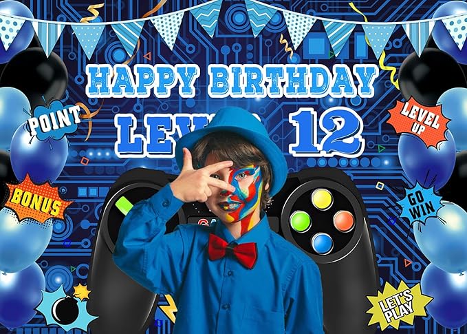 Game Theme Level 12 Birthday Backdrop Video Game Happy 12th Birthday Party Decorations Level Up Theme Boys Kids Birthday Party Supplies(7×5FT)