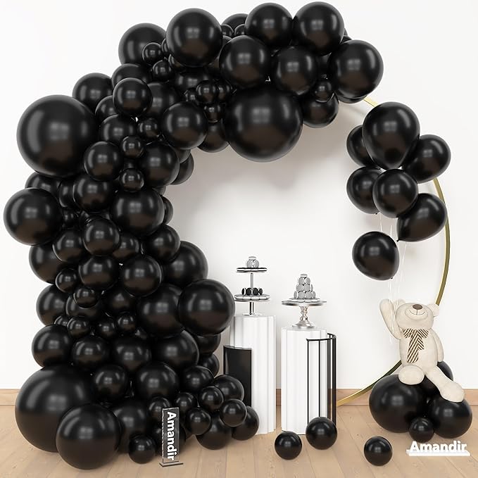 Amandir 153 Pcs Black Balloons Arch Garland Kit, Different Sizes 18 12 10 5 Inch Matte Black Latex Balloons for Retirement Graduation Casino Movie Night Men Birthday Shower Party Decorations