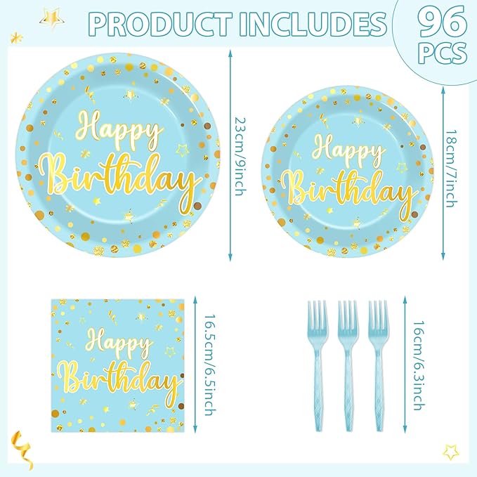 CHUNNIN 96PCS Blue Birthday Plates and Napkins Birthday Party Decorations Light Blue and Gold Dessert Plates Tableware for 24 Guests Kids Party Supplies