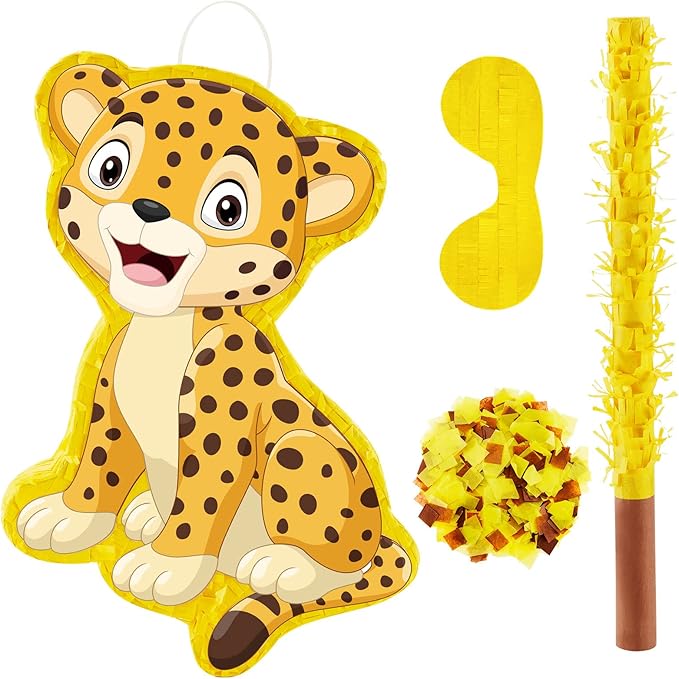 Leopard Piñatas for Safari Birthday Party Cheetah Piñata with Stick, Blindfold, Confetti for Adults Birthday Baby Shower Party Supplies