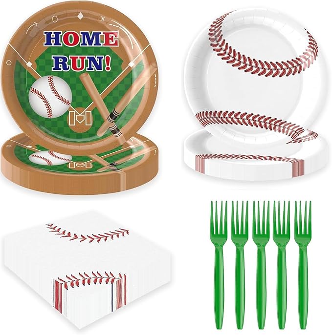 96Pcs Baseball Plates and Napkins Party Supplies- Baseball Birthday Paper Plates Napkins Forks Disposable Dinnerware Party Decor for Baseball Fans Baby Shower Birthday Gatherings Serves 24