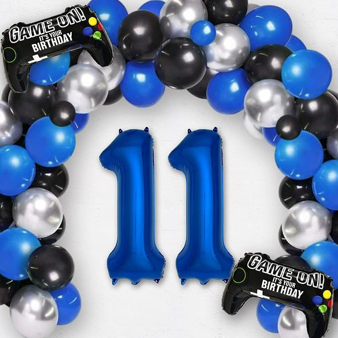 Navy Blue Video Game Party Supplies Boys 11th Birthday Party Decorations- 2 Packs Game On Balloons with Dark Blue Number 11 Balloon