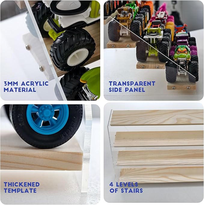 AAiphuwew Display Case for Monster Trucks Storage Toy Cars Organizer Shelf, 4 Tiers Wooden Monster Truck Display Risers Shelf for Toy Cars