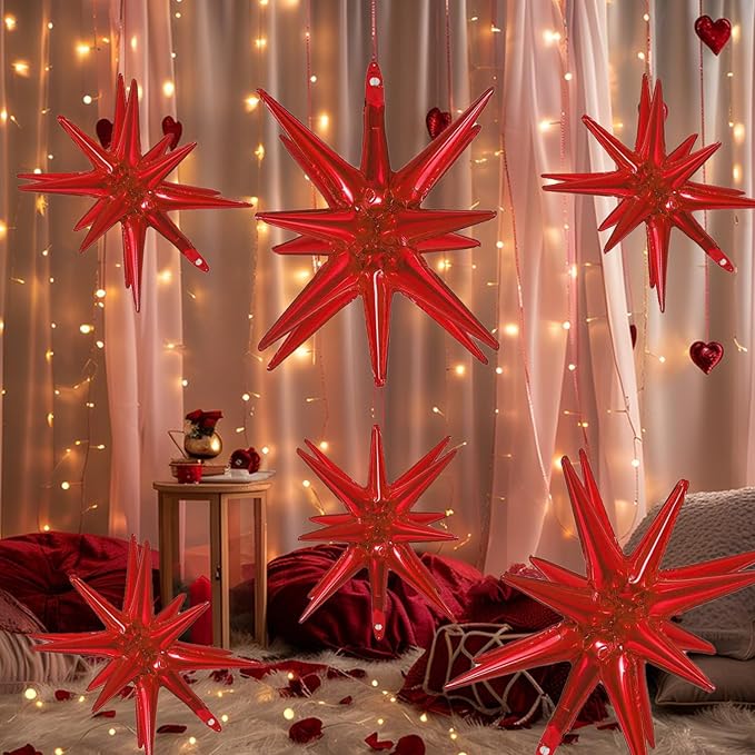 6 Pcs Red Star Foil Balloons One-Piece 14-Pointed Star Balloon 4D Starburst Cone Mylar Balloons 22inch Christmas Birthday Wedding Wedding Anniversary Party Supplies (22&27 Inches Red)