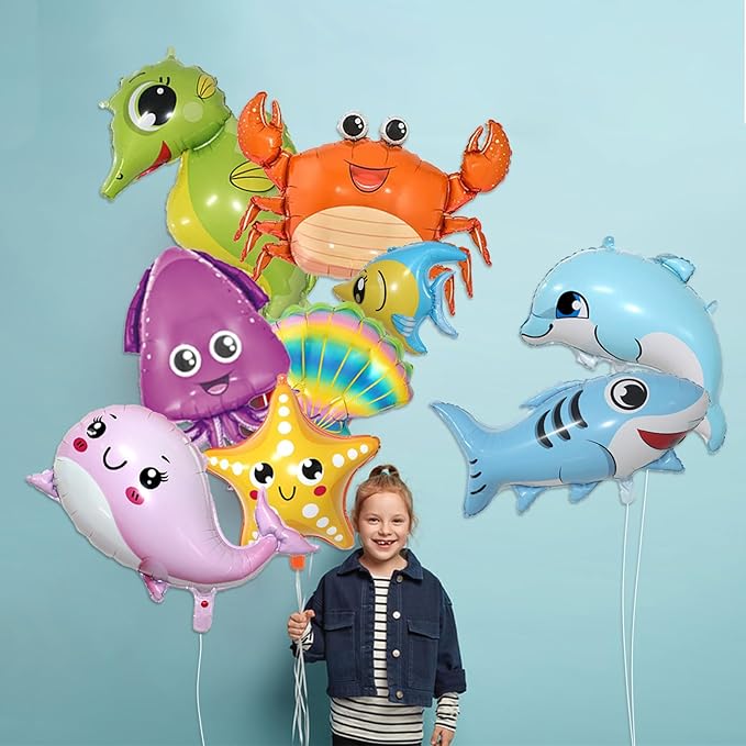 9 Pcs Sea Animal Balloons, Under The Sea Decorations, Creature Shark Dolphin Whale Fish Crayfish Octopus Ocean Foil Balloons, Under The for Ocean Theme Party Decorations