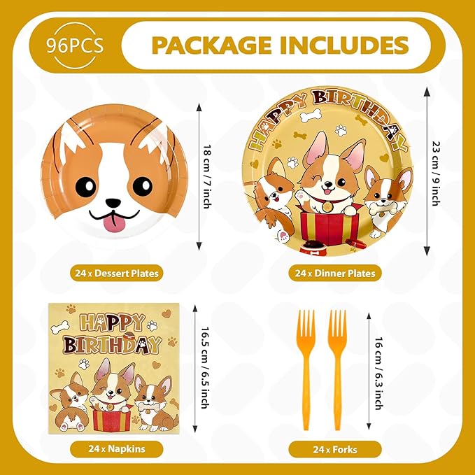 96Pcs Corgi Welsh Dog Birthday Party Decoration Cartoon Puppy Plates and Napkins Cute Corgi Themed Tableware Set for Kids Birthday Baby Shower Pets Dog Gotcha Day Party Supplies, Serves 24