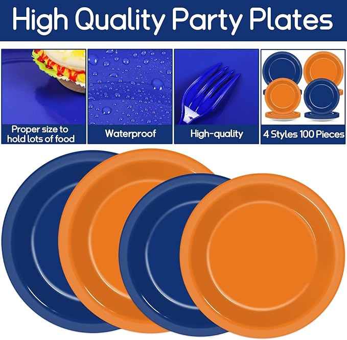 200 Pcs Orange and Blue Birthday Decorations Dart War Party Supplies Orange Blue Paper Plates and Napkins Tableware Set for Baby Shower Party Favors for 50 Guests