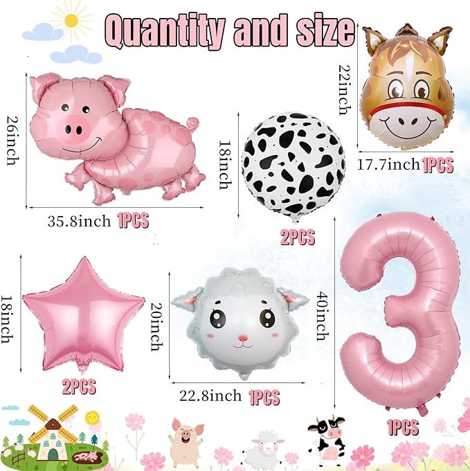 21 PCS Farm Animal Theme Party Balloons, Farm Cow Print Sheep Pig Donkey Mylar Foil Balloons Baby Shower Boy Girl 3rd Birthday Party Decor Supplies (3rd)