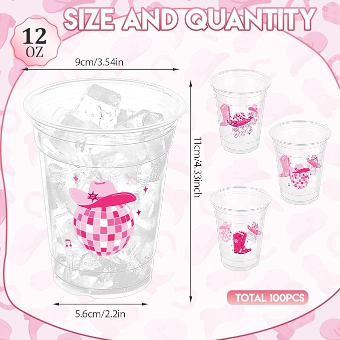 100 Pcs Pink Cowgirl Disco Plastic Cups, 12 oz Western Cowgirl Plastic Cups Clear Disposable Western Cowgirl Party Cups for Cowgirl Birthday Party Baby Shower Last Rodeo Party Supplies