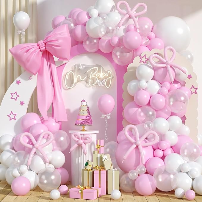 Pink and White Balloon Arch Kit,Baby Pink Clear Long Balloons for Girl Light Pink Latex Bow Birthday Party Decorations Wedding Baby Shower Bridal Engagement Anniversary Pink Bow Decor