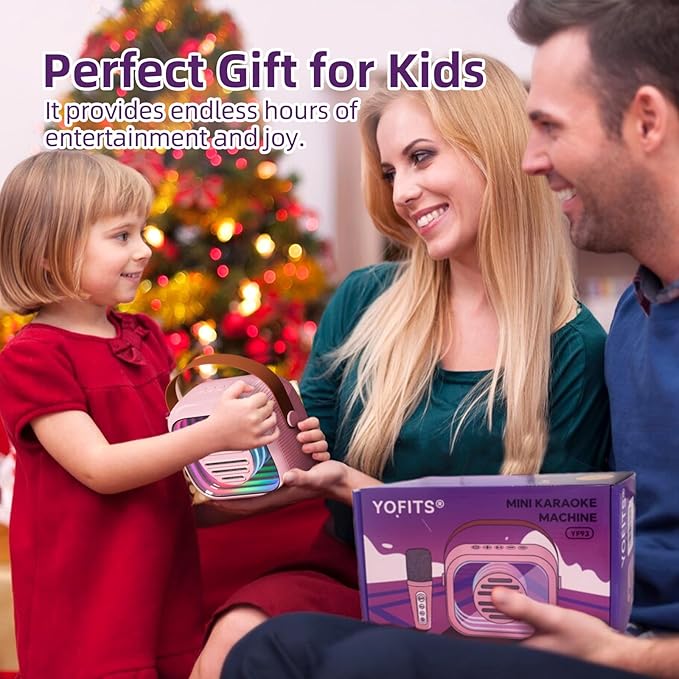 YF93 Mini Karaoke Machine for Kids with Bluetooth Speaker, 7 Voice-Changing Modes, Dual Microphones, Colorful LED Lights, TF Card Support, Portable Singing Gift for Children and Parties(Black)