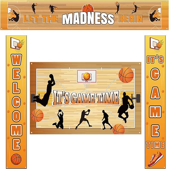 Ctosree 4 Pcs Basketball Backdrop Let The Madness Begin Banner Decoration Basketball Party Supplies It's Game Time Touch Down Wall Door Sign Decor for Sport Game Birthday Party Favors