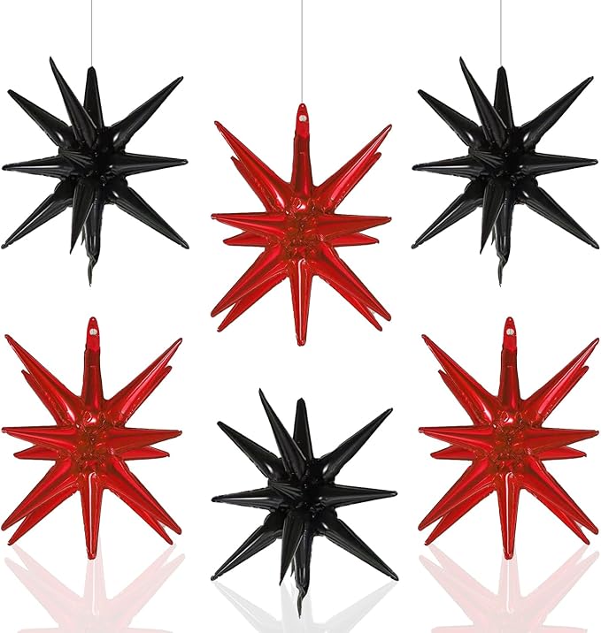 6 Pcs Star Foil Balloons One-Piece 14-Pointed Star Balloon 4D Starburst Cone Mylar Balloon 22inch Christmas Birthday Wedding Wedding Anniversary Party Supplies (Black + Red)