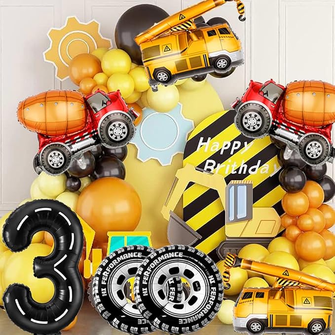 3rd Birthday Decorations for Boys Construction Balloons 40inch Number 3 Balloons Truck Foil Balloon for Construction Birthday Party Decorations Supplies