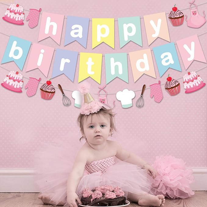 Zwiebeco Baking Happy Birthday Party Decoration Colorful Pink Banner Hanging Paper Garland Bunting Sign for Kids Girls Bake Themed Accessories Supplies