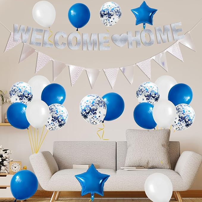 Welcome Home Decorations,Blue Silver Welcome Home Balloons Banners Set,Welcome Home Glitter Banner with Confetti Balloons,Pennant Flag Bunting for Home Family Baby Shower Party Supplies
