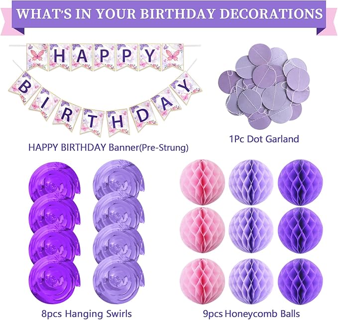 Butterfly Birthday Decorations Kit - 19-Piece Set with Pre-Strung Happy Birthday Banner, Honeycomb Balls, Garland & Swirls | Butterfly Theme Party Supplies for Women Girls Kids, Teens Adults