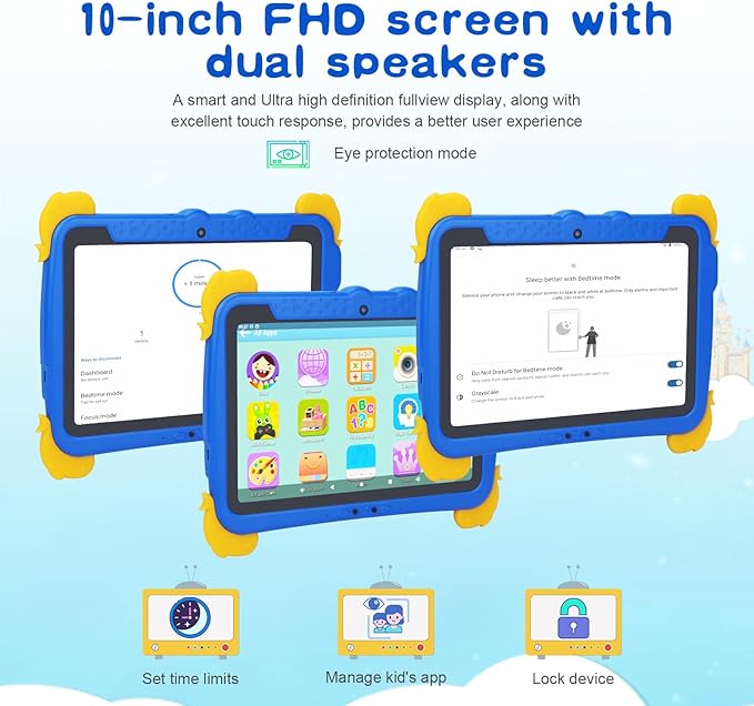 C idea Android 13 Kids Tablet,10.1 inchTablet for Kids,Children Tablet 4GB RAM+64GB ROM(1TB TF), FHD IPS Screen,Pre-intalled IWAWA,6000mAh Battery,5G WiFi|Great Gift for Toddler(Blue)
