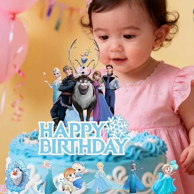7Pcs Cute Blue Princess Birthday Cake Decorations，1 Large, 6 Small Snow Theme happy Birthday Cake Toppers，For Ice Birthday Party Supplies (E)