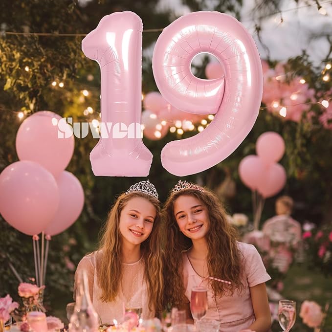 SUWEN 40 Inch Pink Large 19 Number Balloons Big Foil Helium Number Balloons 0-9 Jumbo Happy 19th Mylar Birthday Party Decorations for Girl or Women 91 Anniversary Party Supplies