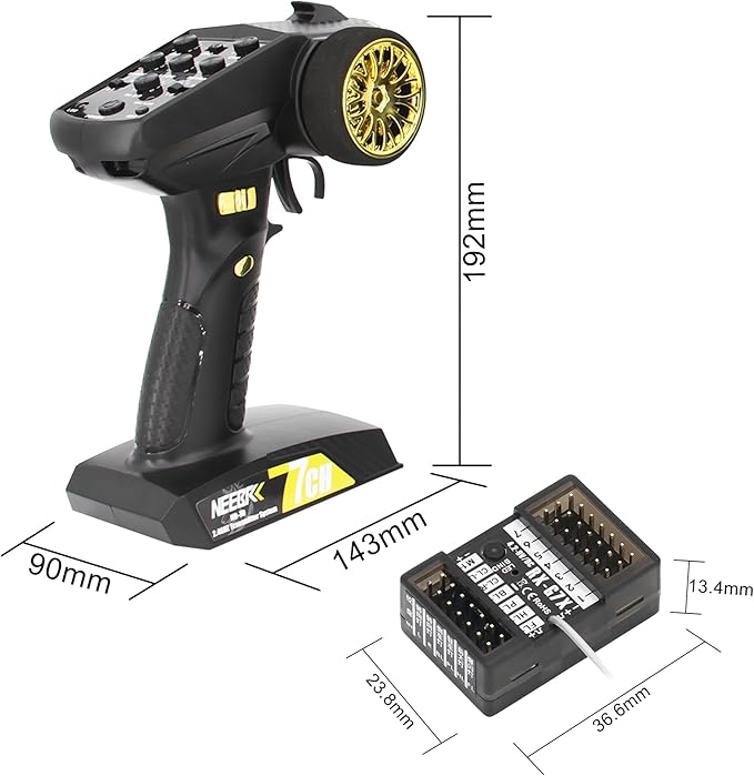 7 Channels RC Transmitter with Receiver Built-in Light Control System and 12LED Light Set, 2.4GHz Radio Remote Controller for RC Car Crawler Truck Buggy Off Road On Road Boat Tank(Golden)