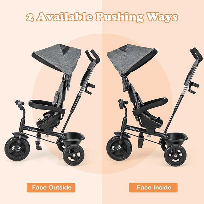 BABY JOY Tricycle, 4 in 1 Toddler Bike w/Removable Canopy, Adjustable Push Handle, Reversible Seat, Safety Belt, Folding Footrest & Storage Basket, Toddler Tricycle for Boys Girls 9-60 Months (Gray)