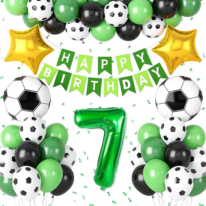 Soccer Party Decorations for Boys, 7th Soccer Birthday Decoration with Green Black White Balloons 'HAPPY BIRTHDAY' Banner Cake Toppers 32in Foil 7 Balloon for Boys Men Birthday Decor